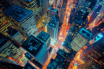  A bustling urban landscape at night with towering 