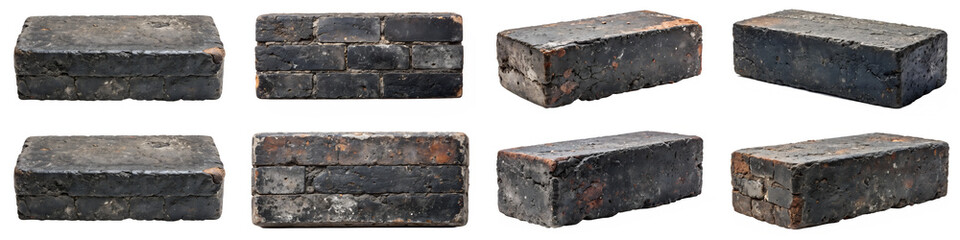 Weathered old black brick isolated on transparent background PNG file