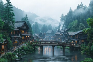 Scenic misty village with traditional wooden houses and bridges over a tranquil river