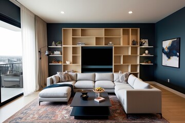 Modern Living Room Design with Spacious Shelf Areas and a Stylish Sectional Sofa