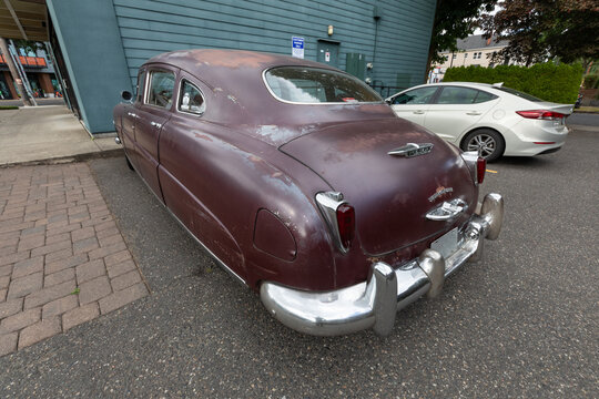 Portland, OR, USA - Aug 12, 2024- 1950s retro American car Hudson Super-Matic Drive parked outdoors
