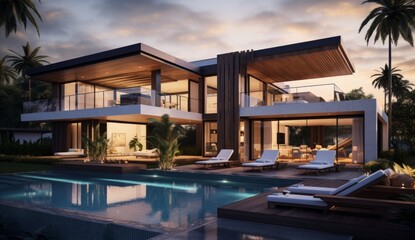 Obraz premium Bronze Shadows The Warm Glow of a Modern Villa at Turquesa’s Dusk