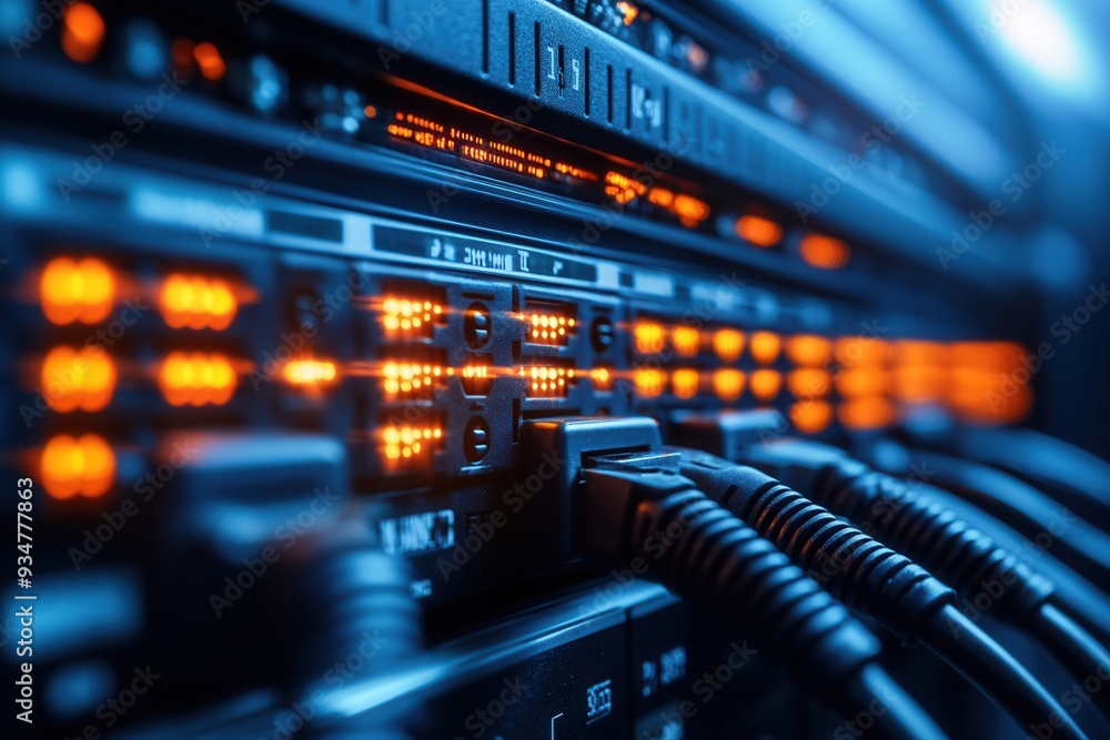 Poster close-up of modern network server with glowing lights and connected cables, showcasing advanced data