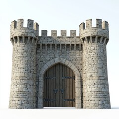 3D Render of a castle gate with battlements and arrow slits, flanked by stone guard towers, on isolated white background