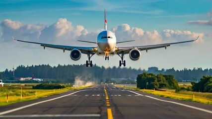 The airplane is landing at the airport above the road. Sate poses 