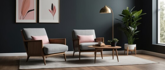 Contemporary living room featuring a sleek armchair, cushions, and bold floral decor. A chic and stylish space highlighting minimalist design with natural light.