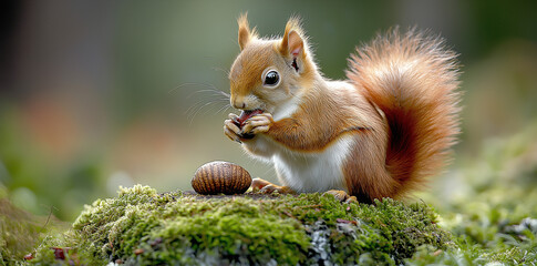 Obraz premium Squirrel with a nut in its paws, sitting on a mossy rock