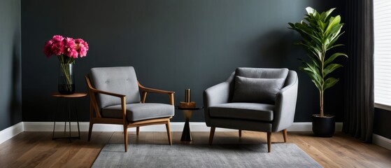 Contemporary living room featuring a sleek armchair, cushions, and bold floral decor. A chic and stylish space highlighting minimalist design with natural light.