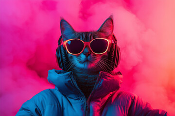 A cat wearing sunglasses and headphones in a blue jacket, with pink and purple smoke around it
