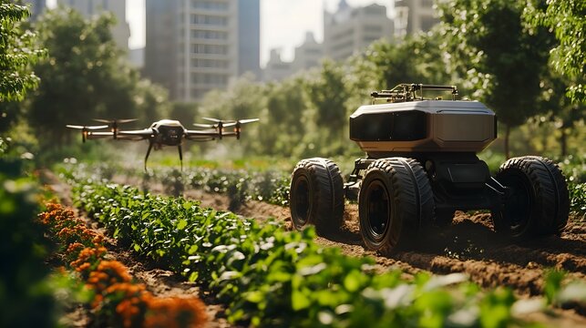 Advanced AI powered autonomous farm with intelligent robotic harvesters and aerial drones