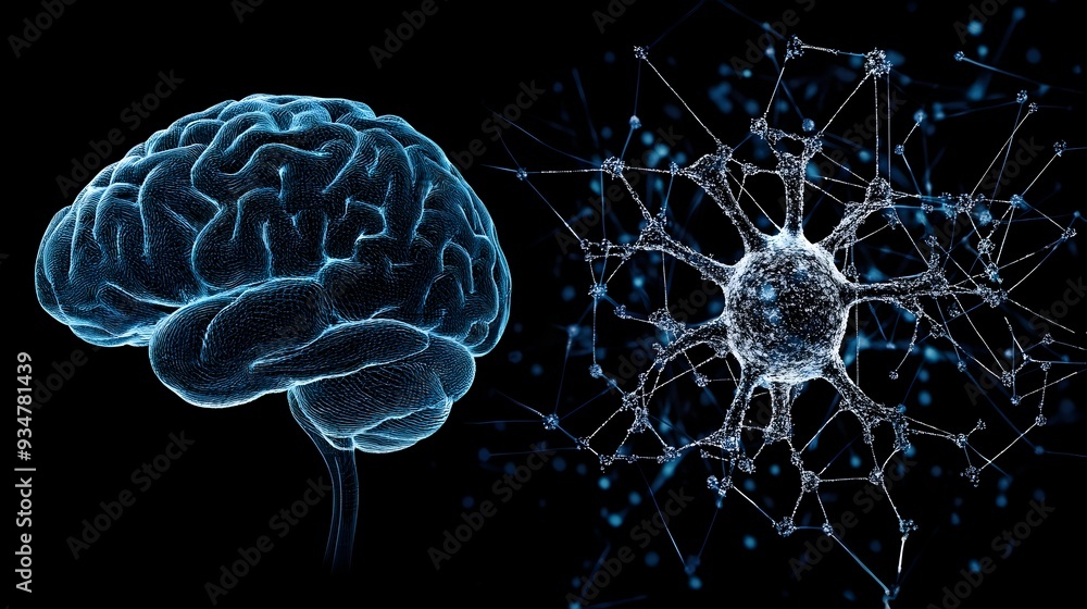 Poster conceptual image depicting the human brain visualized alongside an ai powered neural network symboli