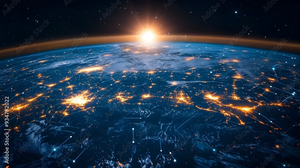 Poster glowing ai powered global communication network visualized as a mesmerizing digital sphere symbolizi