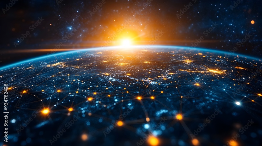 Poster glowing ai powered global communication network visualizing worldwide connectivity and information f