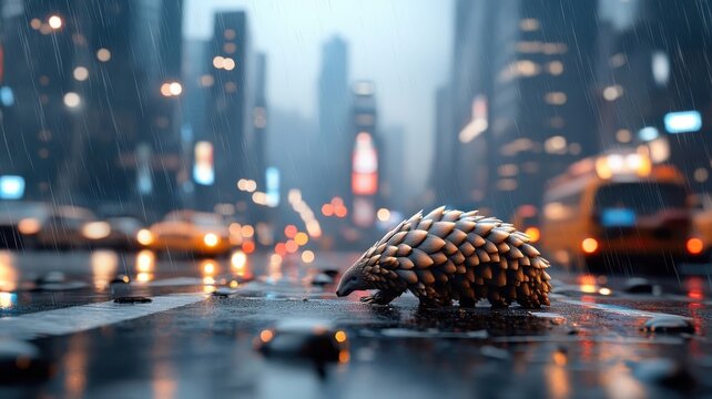 Engaging pangolin exploring a bustling city street, with urban elements creating a lively backdrop for its nocturnal adventures.