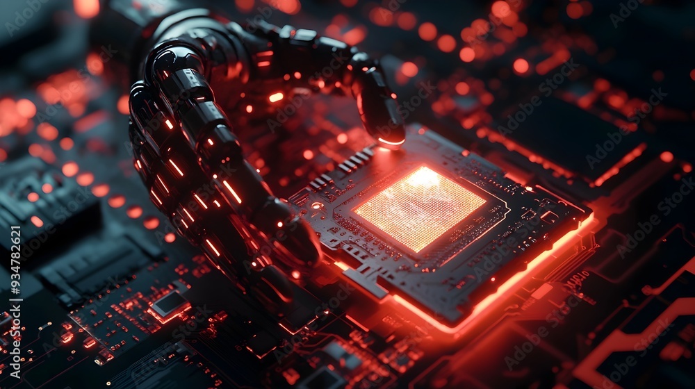 Aufkleber glowing ai powered robotic hand holding futuristic microchip symbolizing the precision and advanceme