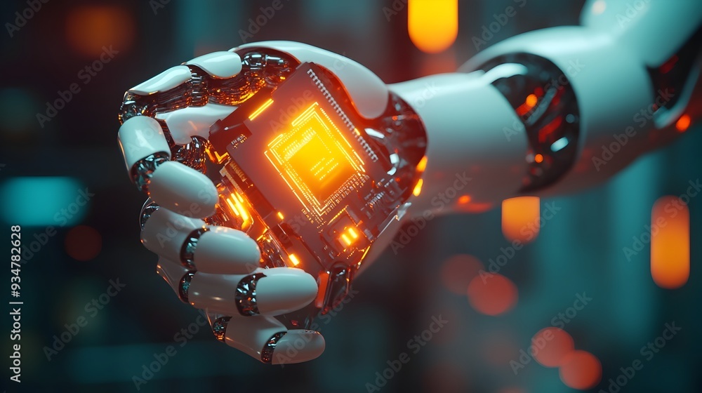 Poster glowing ai powered robotic hand holding advanced microchip symbolizing the precision and advancement