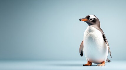 Fototapeta premium Professionally lit studio shot of a penguin, with soft lighting enhancing its sleek feathers and distinctive markings against a minimalistic backdrop.