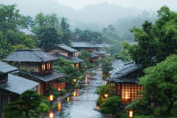 Fototapeta premium Serene Japanese village with traditional houses and lanterns in the rain