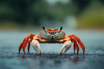  A crab with orange and white shell and red legs. It's standing on a wet surface