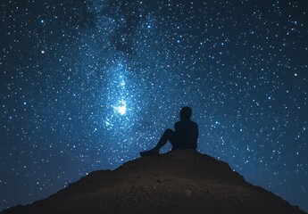 A person sitting on a hill, gazing at the stars in a clear night sky, feeling a deep sense of wonder and tranquility