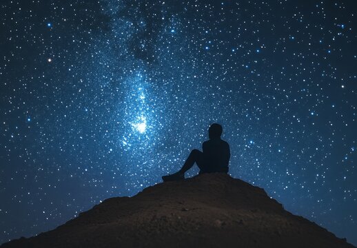 A person sitting on a hill, gazing at the stars in a clear night sky, feeling a deep sense of wonder and tranquility