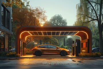 Obraz premium Modern Electric Vehicle Charging Station at Sunrise Surrounded by Lush Greenery