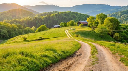 Summer Mountain Rural Landscape with Green Fields and Clear Sky