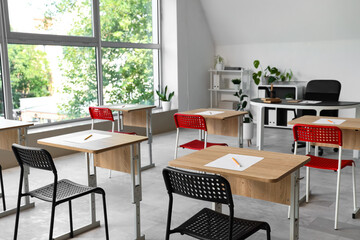 Interior of classroom prepared for exam