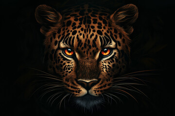 Obraz premium A close-up of a leopard's face with bright orange eyes.