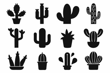 Cactus icon collection. Set of black cactus silhouette. silhouettes of different cactus icons