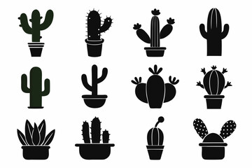 Cactus icon collection. Set of black cactus silhouette. silhouettes of different cactus icons