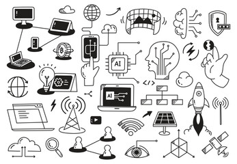 Hand-Drawn Technology and AI Doodle Icons Set | Vector Illustrations of Artificial Intelligence, Blockchain, and Tech Concepts