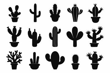 Cactus icon collection. Set of black cactus silhouette. silhouettes of different cactus icons