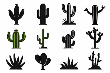 Cactus icon collection. Set of black cactus silhouette. silhouettes of different cactus icons
