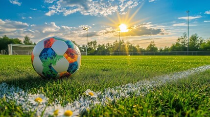 A vibrant soccer ball on green grass awaits players under a sunny, blue sky.