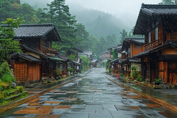 Traditional Japanese village in the rain