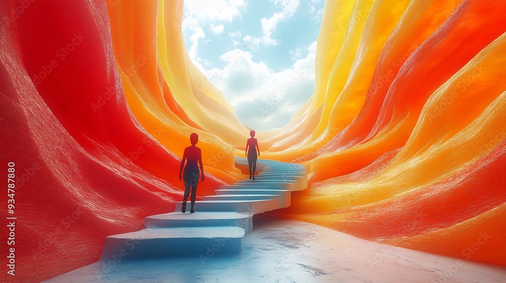 Aufkleber 2d characters walking 3d landscapes abstract scene where flat 2d character navigate hyperrealistic 3