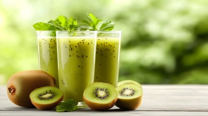 Refreshing Kiwi and Green Smoothie in Transparent Glasses on Wooden Table