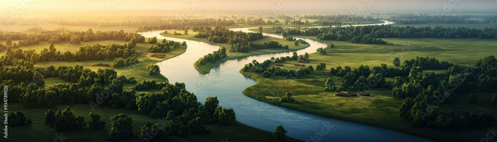 Poster Aerial View of a Winding River Through Green Fields.