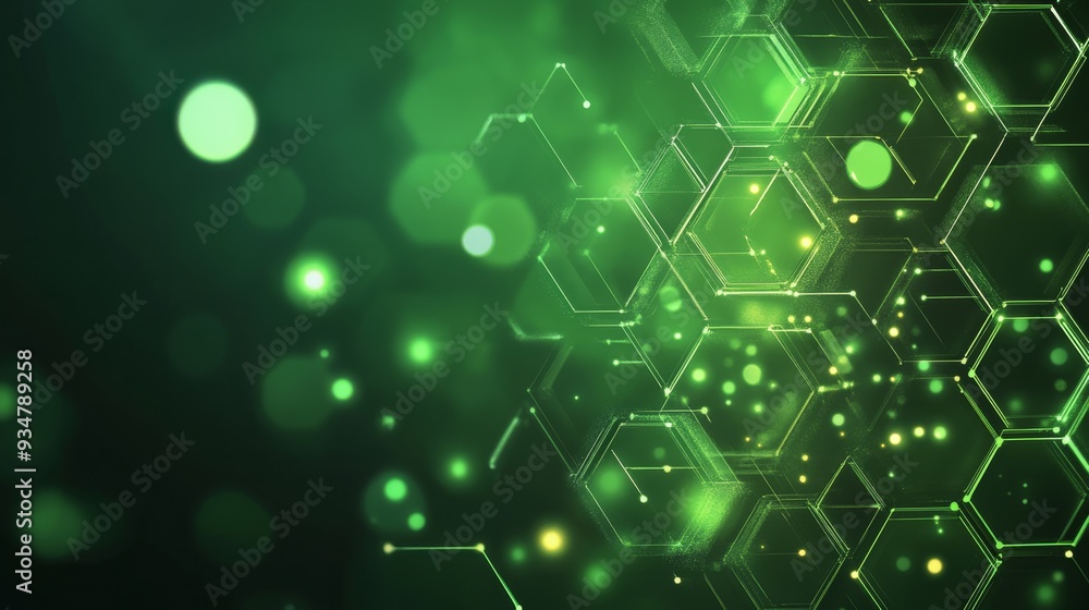 Wall mural abstract green technology background with a hexagonal pattern and bokeh lights.