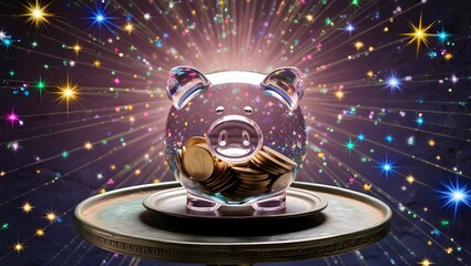 Transparent piggy bank with a sparkling background.