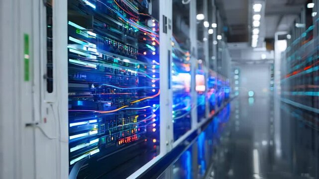 A high-tech data center with illuminated servers, showcasing vibrant cables, advanced technology, and efficient computing power.