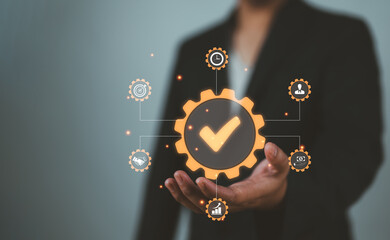 Business process management and workflow automation diagram with gears and icons with connection...