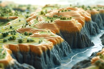 2d Maps Transforming into 3D Terrain surreal scene where simple 2D map gradually transforms into fullyrealized 3D terrain flat line shape of map rise up form mountain river valley creating seamless