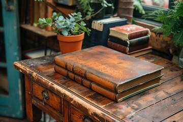 Obraz premium Rustic Wooden Table With Vintage Books and Potted Greens in Cozy Reading Nook