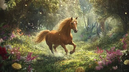  A majestic horse running through a vibrant fantasy forest with glowing trees and misty atmosphere
 Seamless looping 4k time-lapse virtual video animation Generated AI