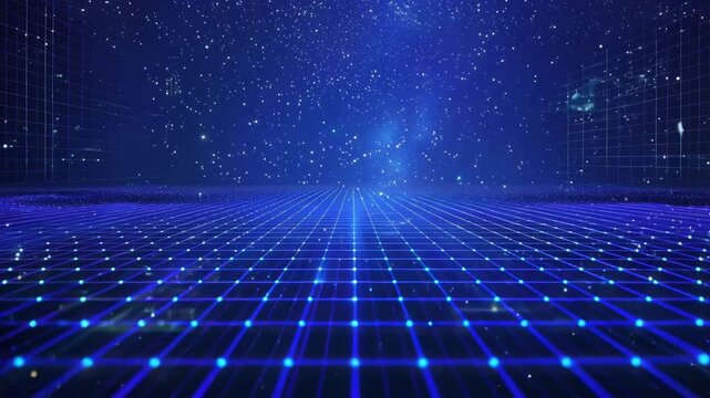 A mesmerizing digital landscape featuring a glowing blue grid against a starry background, perfect for modern design projects.