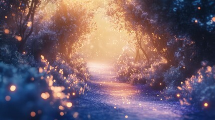 Naklejka premium A pathway of crystalized dreams leading through a glowing, mystical forest, with soft light illuminating the way.