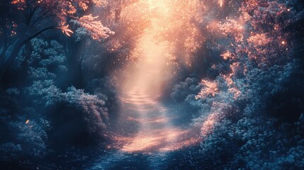 Fototapeta premium A pathway of crystalized dreams leading through a glowing, mystical forest, with soft light illuminating the way.