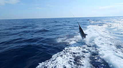 Fototapeta premium Big game fishing: A marlin leaps near the boat.